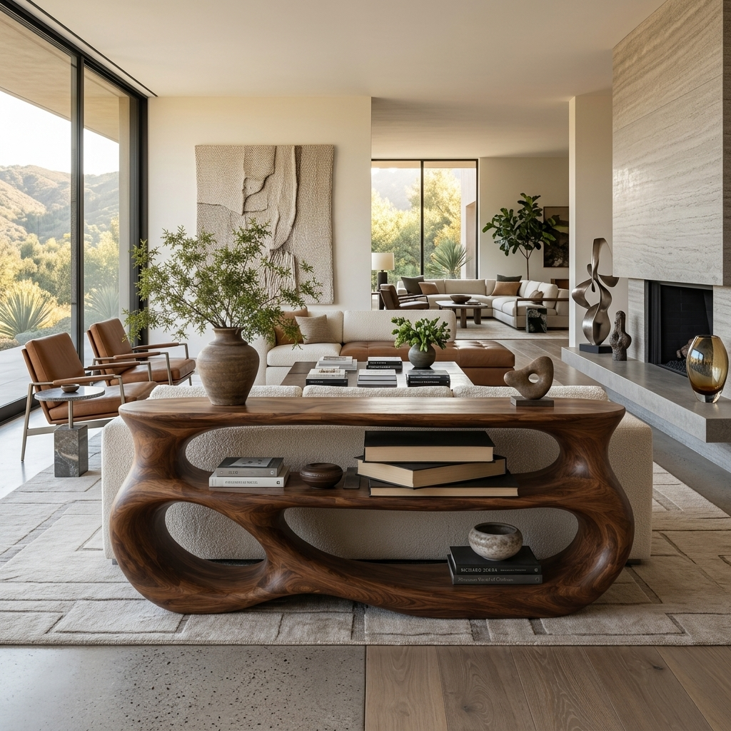 Contemporary Wooden Console Table With Rounded Sculpture For Living Room