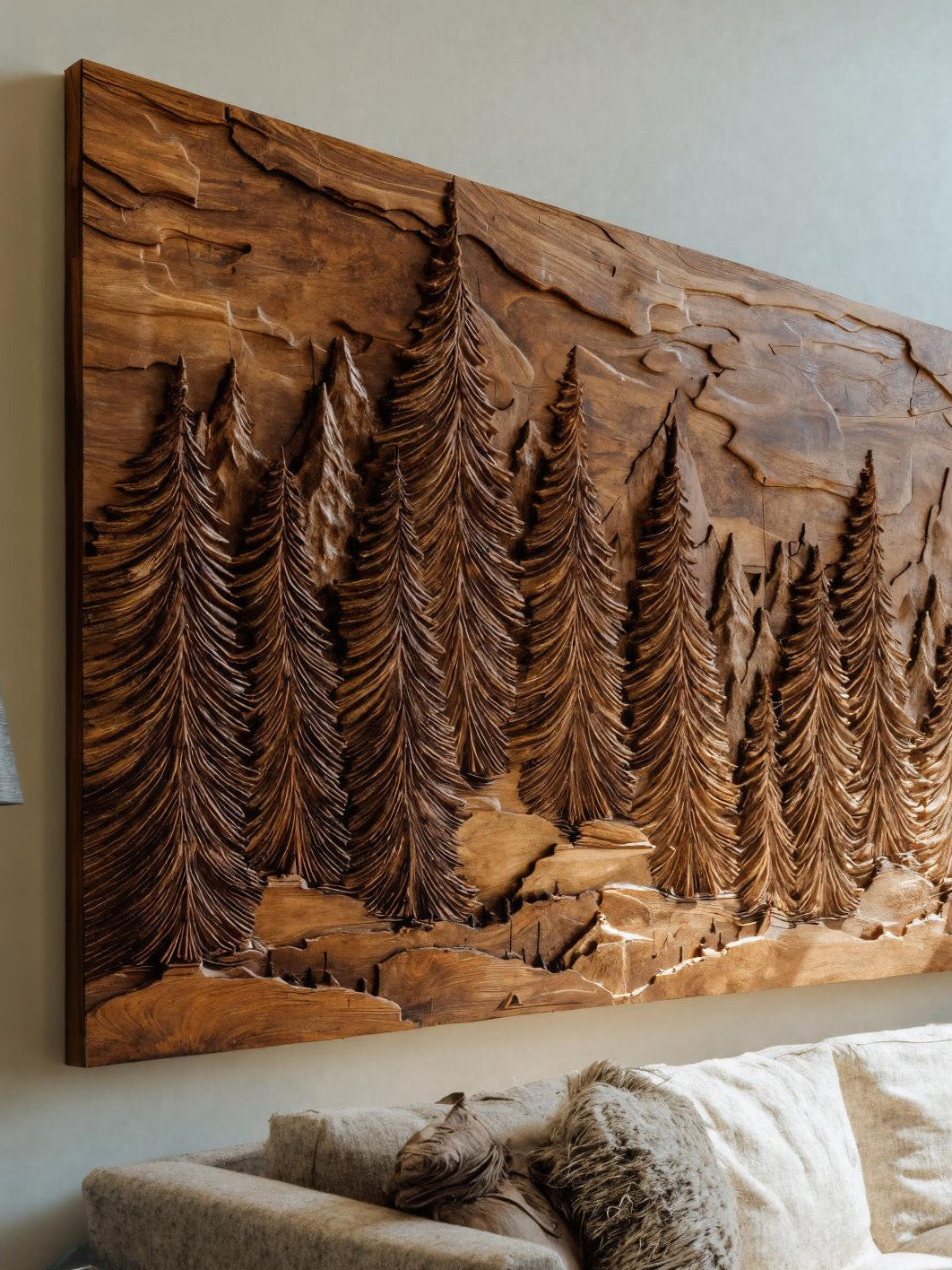 Hand Carved Wall Art With Forest Landscape For Living Room