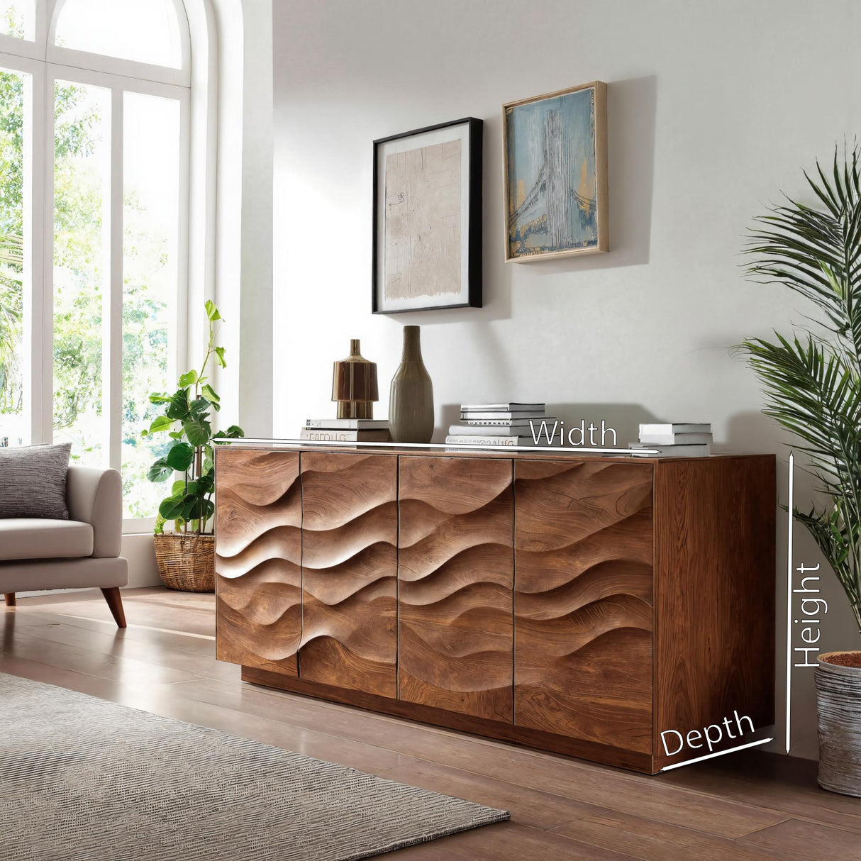 Sculptural Sideboard With Wave Carved Front For Living Room