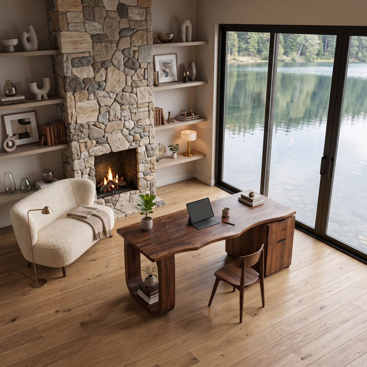 Contemporary Wooden Desk With Shelves And Drawers For Home Office