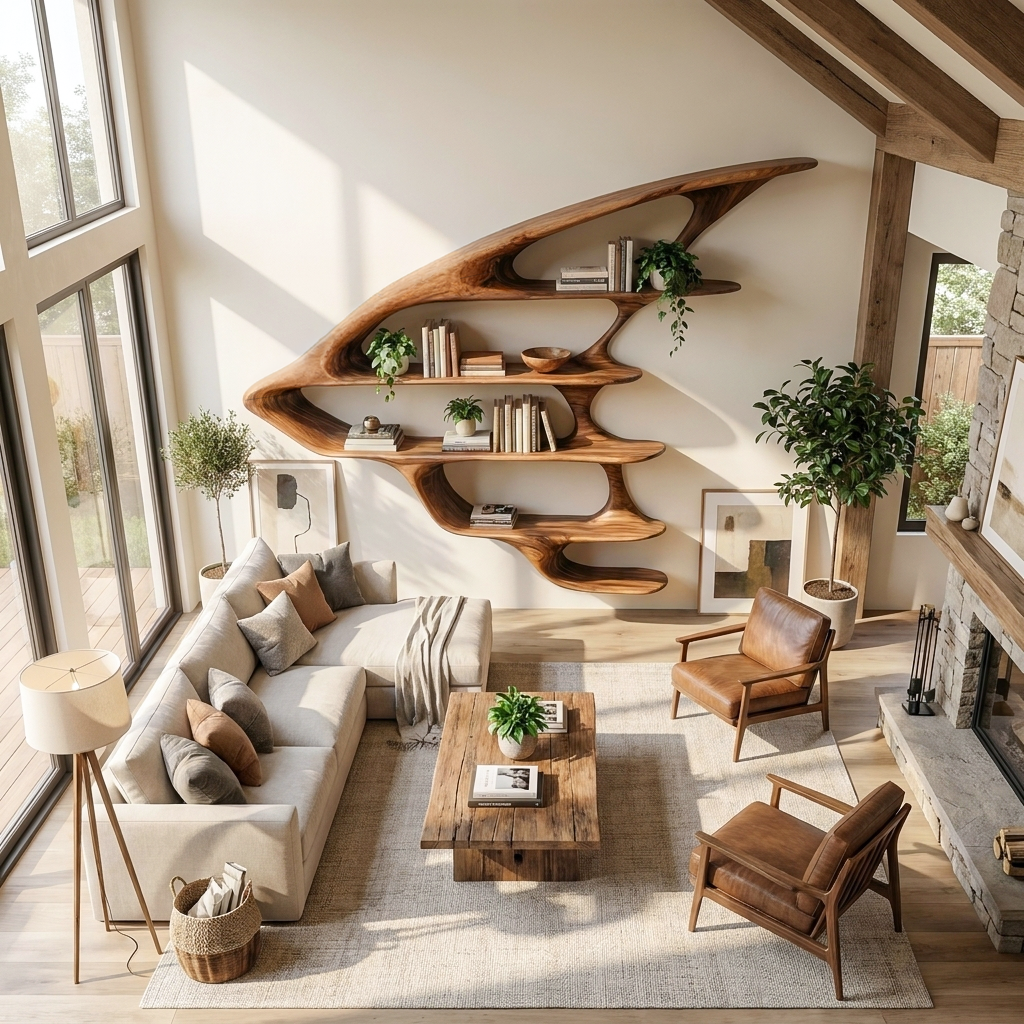 Wooden Floating Bookshelf Unique Design For Living Room Wall