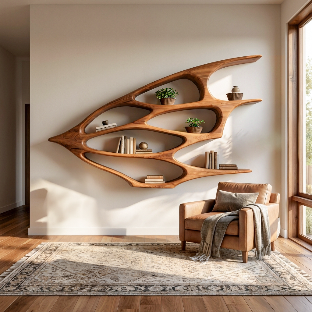 Organic Wooden Floating Bookshelf For Minimalist Home Decor