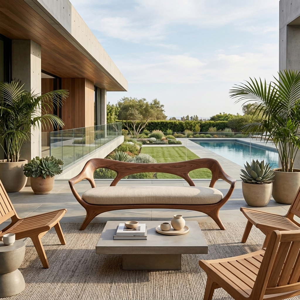 Statement Wooden Sofa With Curved Backrest For Living Decor