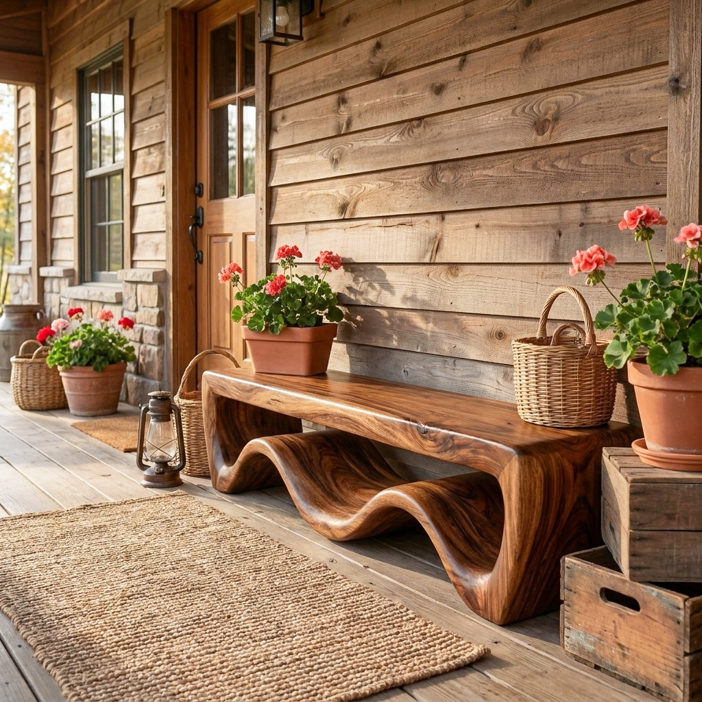 Modern Wooden Bench With Flowing Base For Hallway