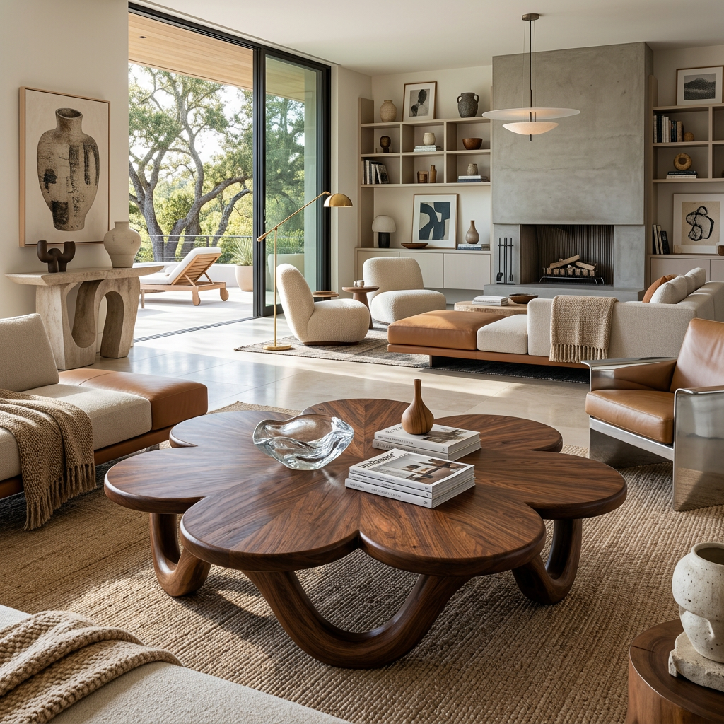 Floral Coffee Table With Sculptural Base For Modern Interior