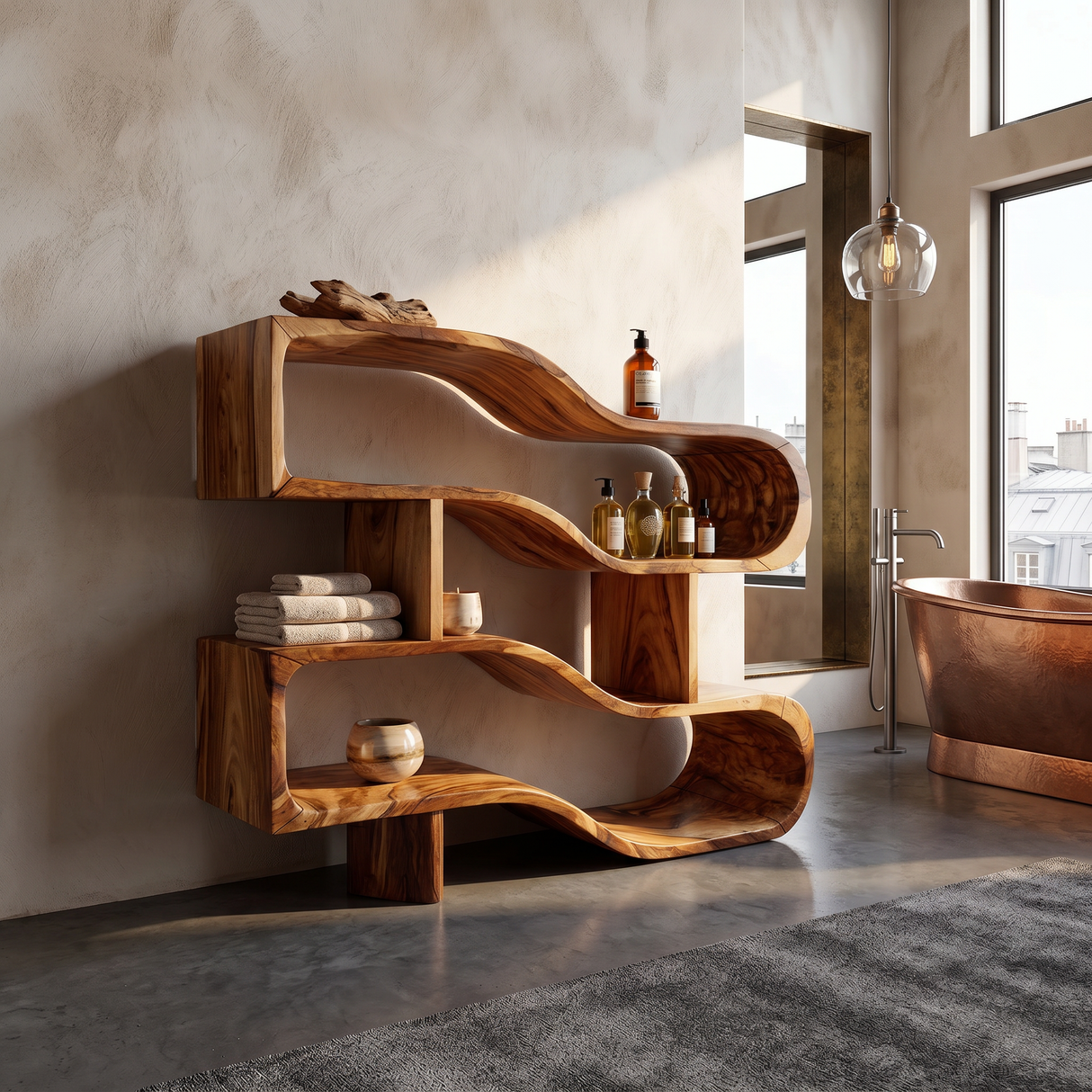 Modern Architectural Wooden Display Shelf With Floating Curves