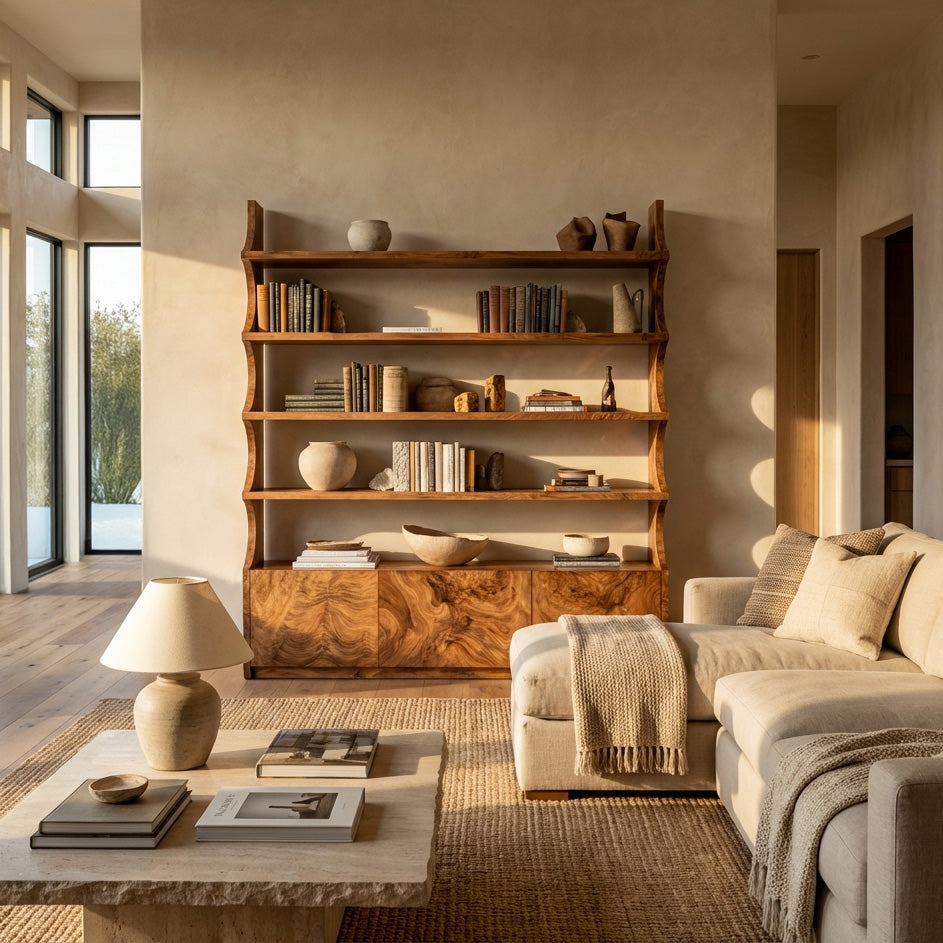 Organic Wooden Bookshelf With Curved Edges For Living Storage