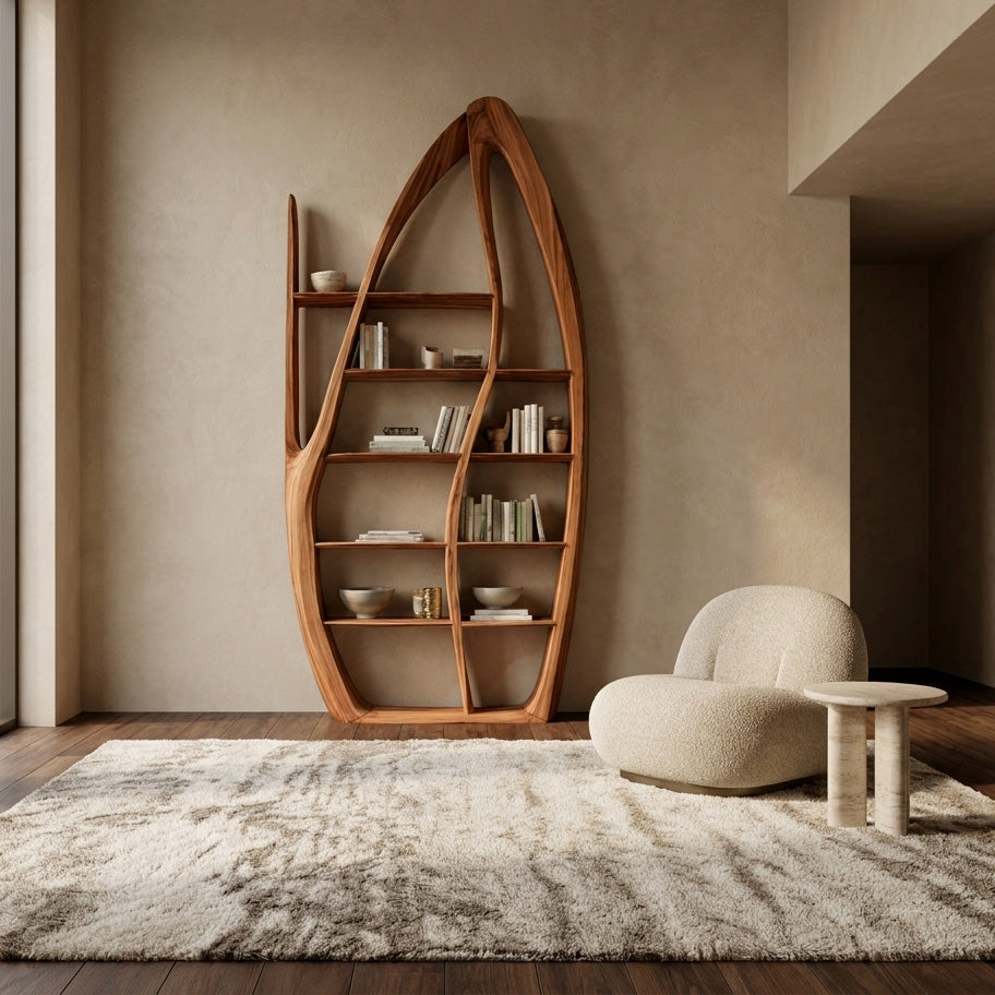Organic Style Sculptural Wooden Bookshelf For Living Room