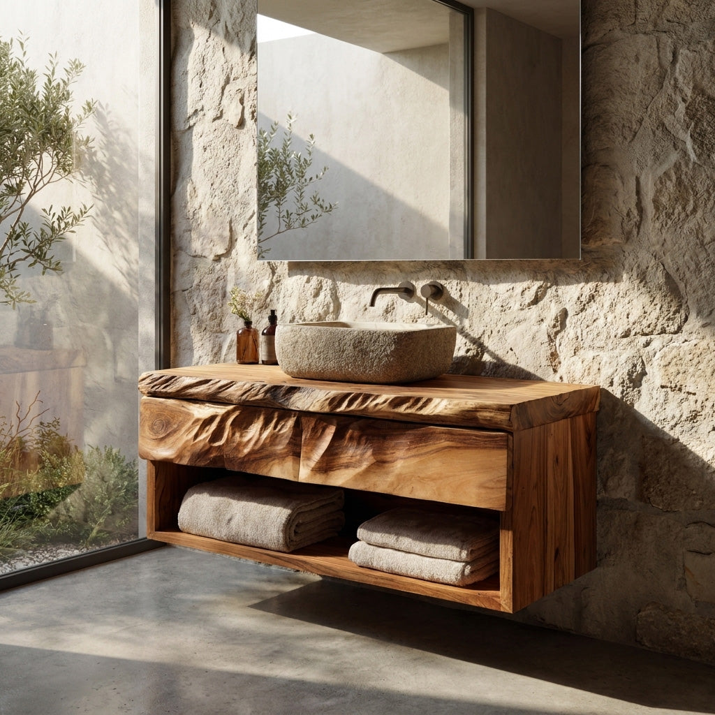Modern Organic Floating Wooden Bathroom Vanity For Bathroom