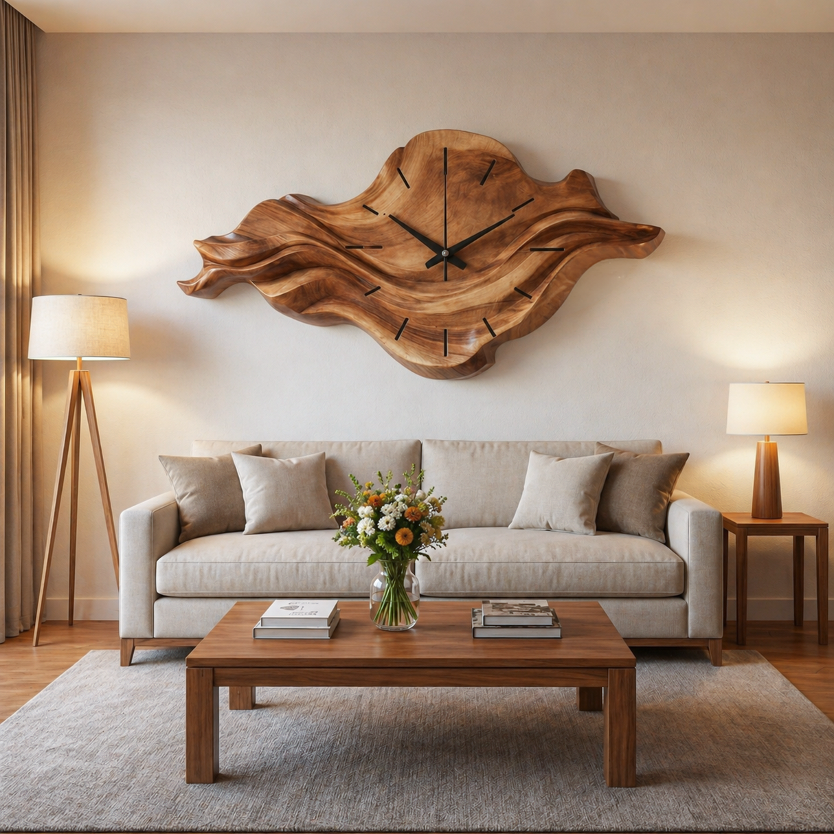 Contemporary Wooden Wall Clock With Unique Wave Sculpture For Home
