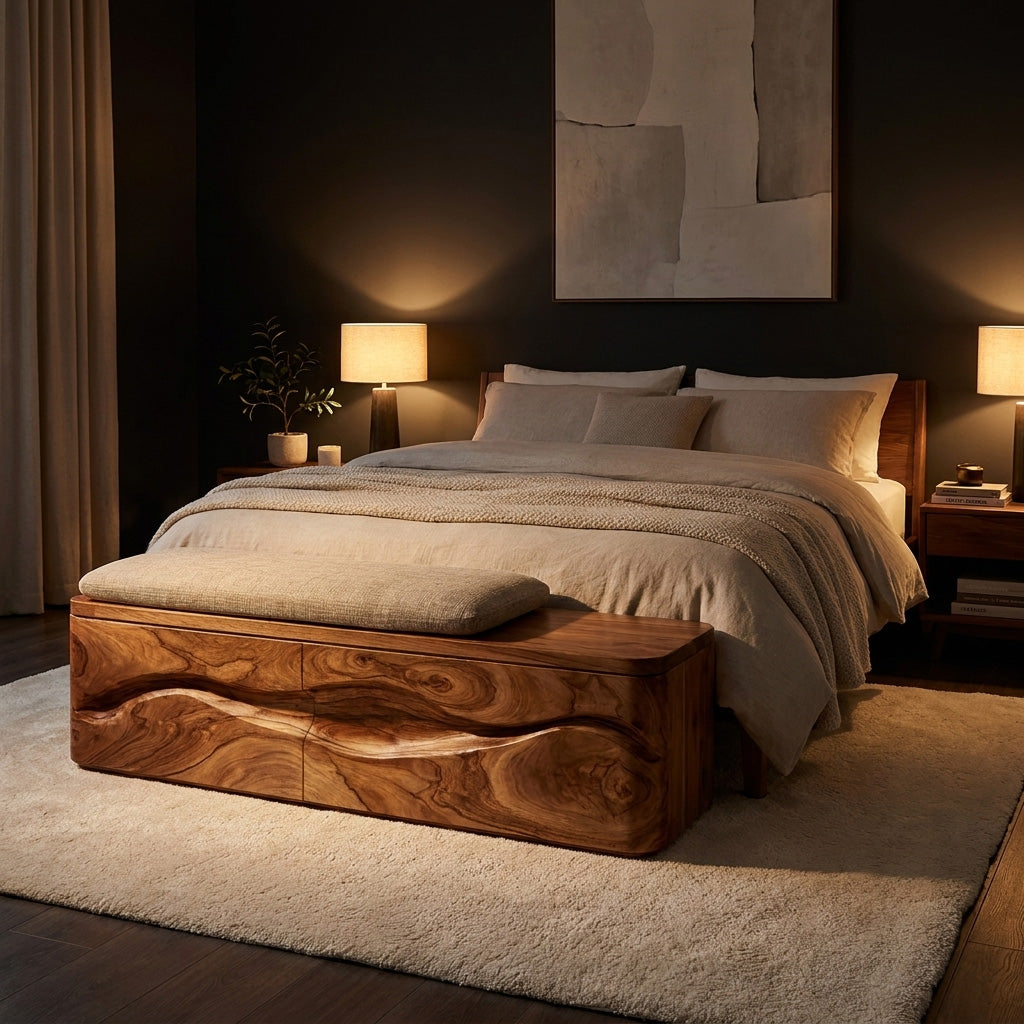 Modern Natural Wood Storage Bench For End Of Bed
