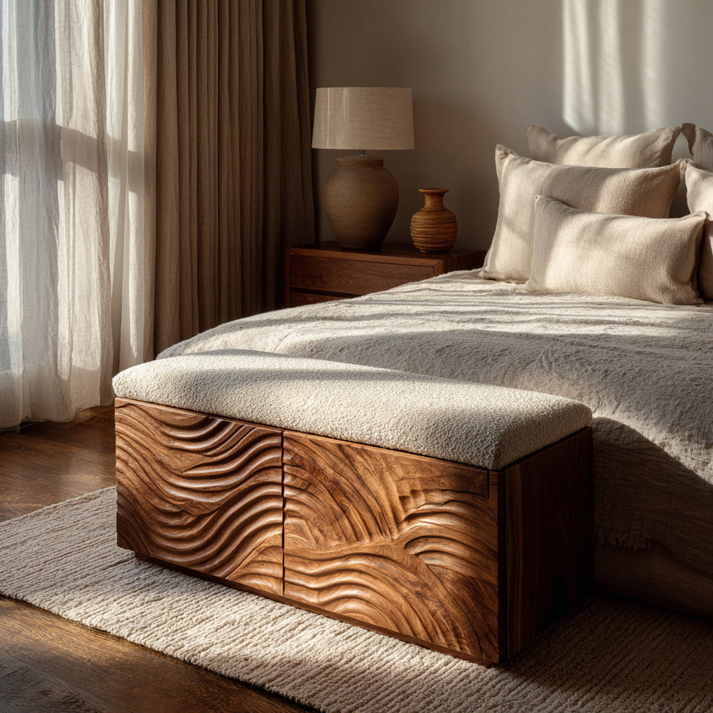 Mid Century Natural Wood Storage Bench For Bedroom Storage