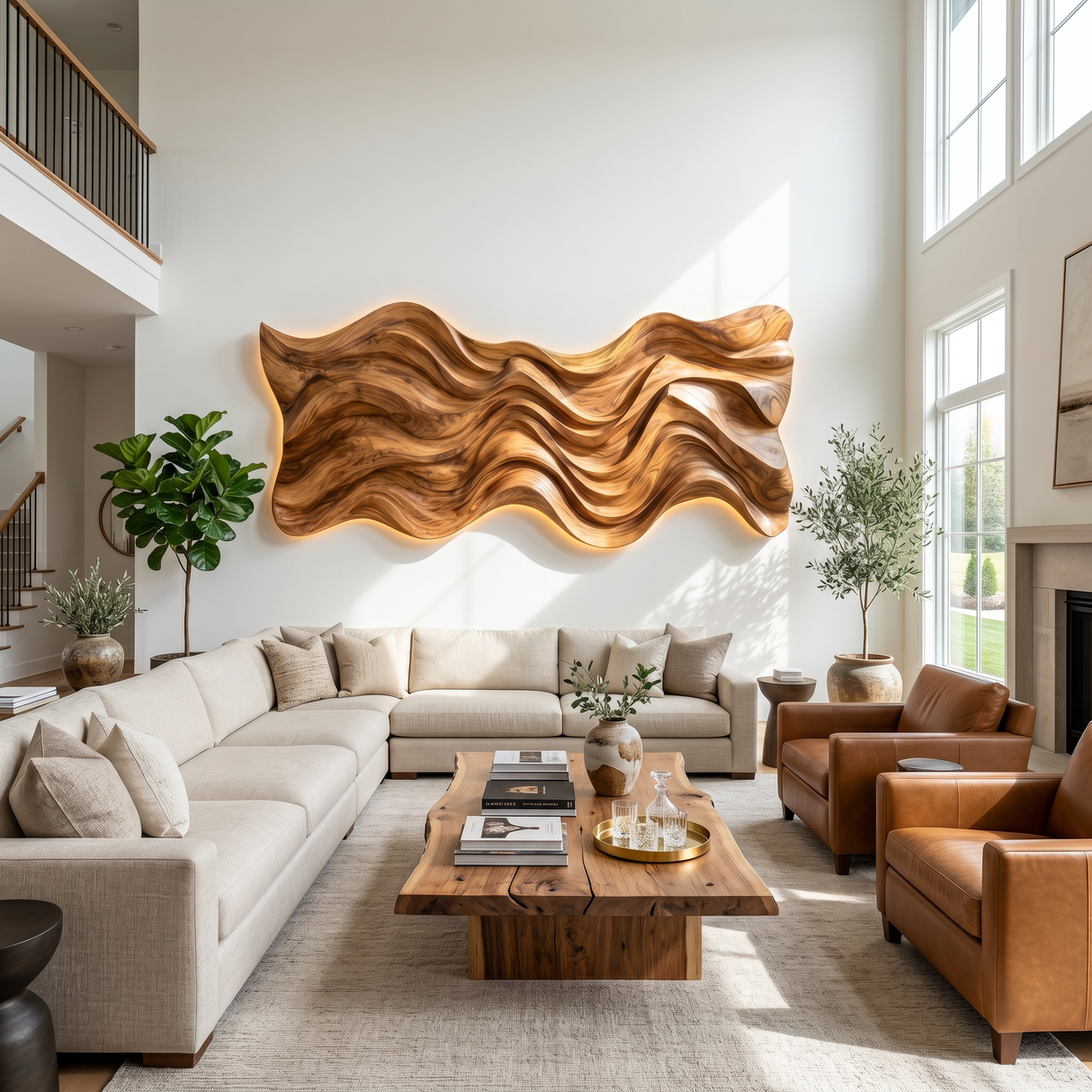 Modern Wood Wall Art With Wave Sculpture For Living Room