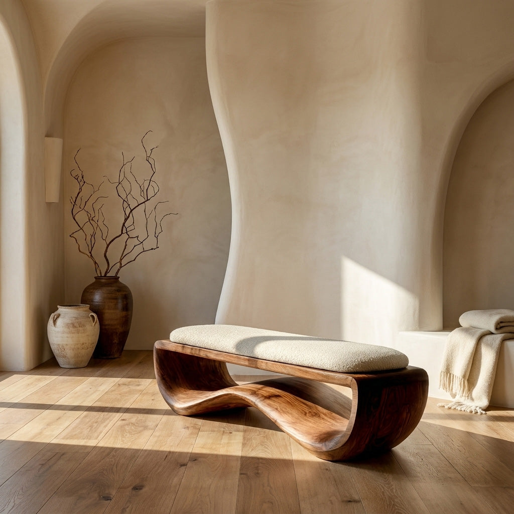 Minimalist Wood Bench With Flowing Base For Living Room Seating