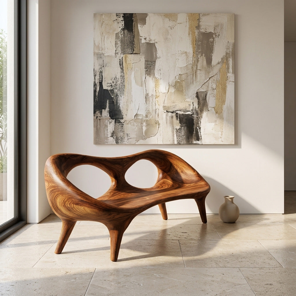 Contemporary Wood Bench With Hollowed-out Backrest For Living Room