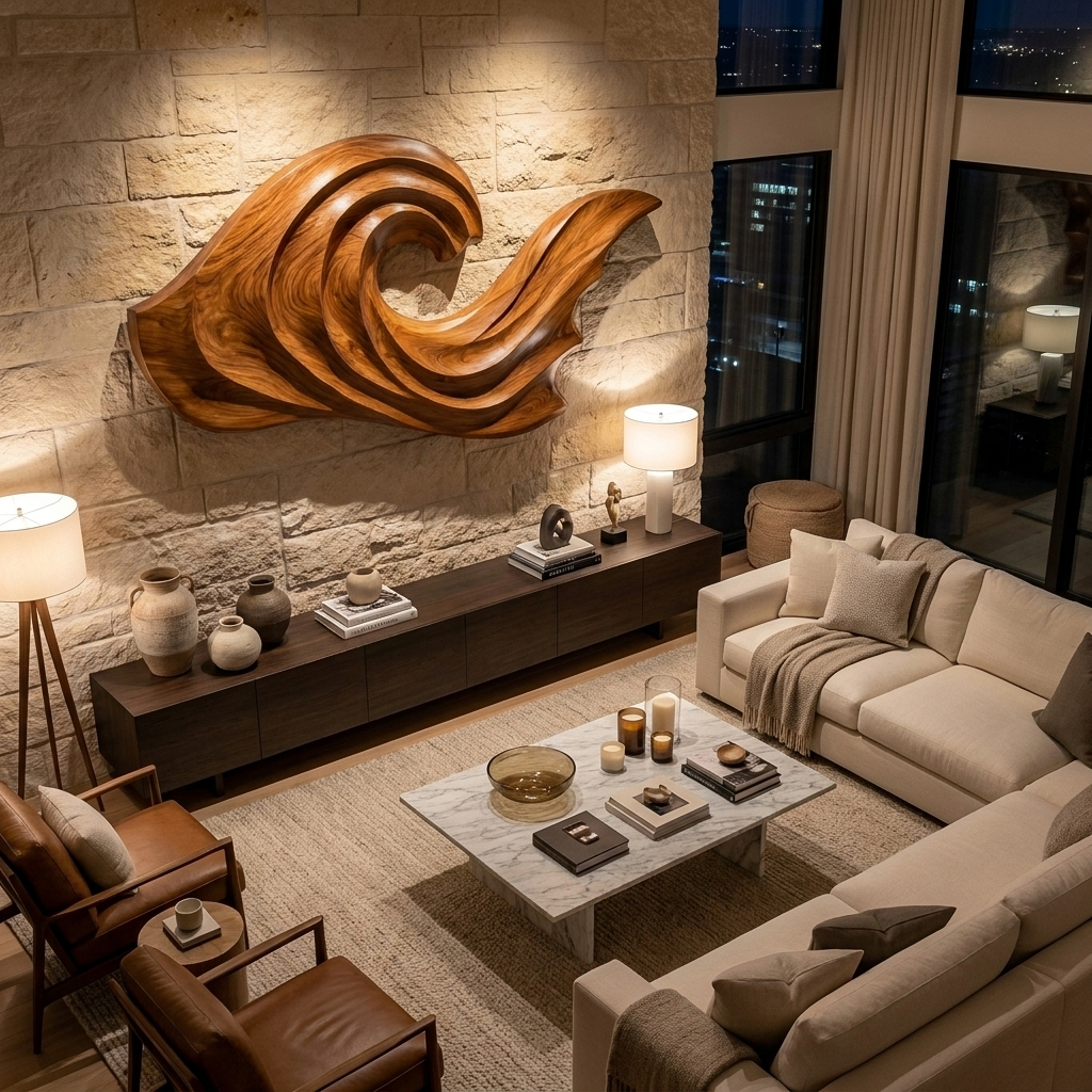 Artistic Wave Inspired Wood Wall Art For Apartment Interior