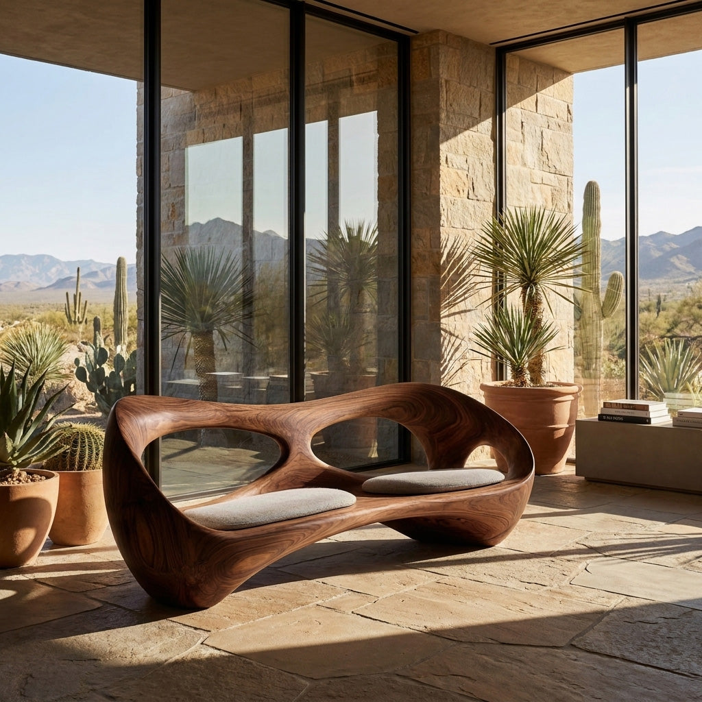 Organic Wooden Bench With Rounded Edges For Living Room