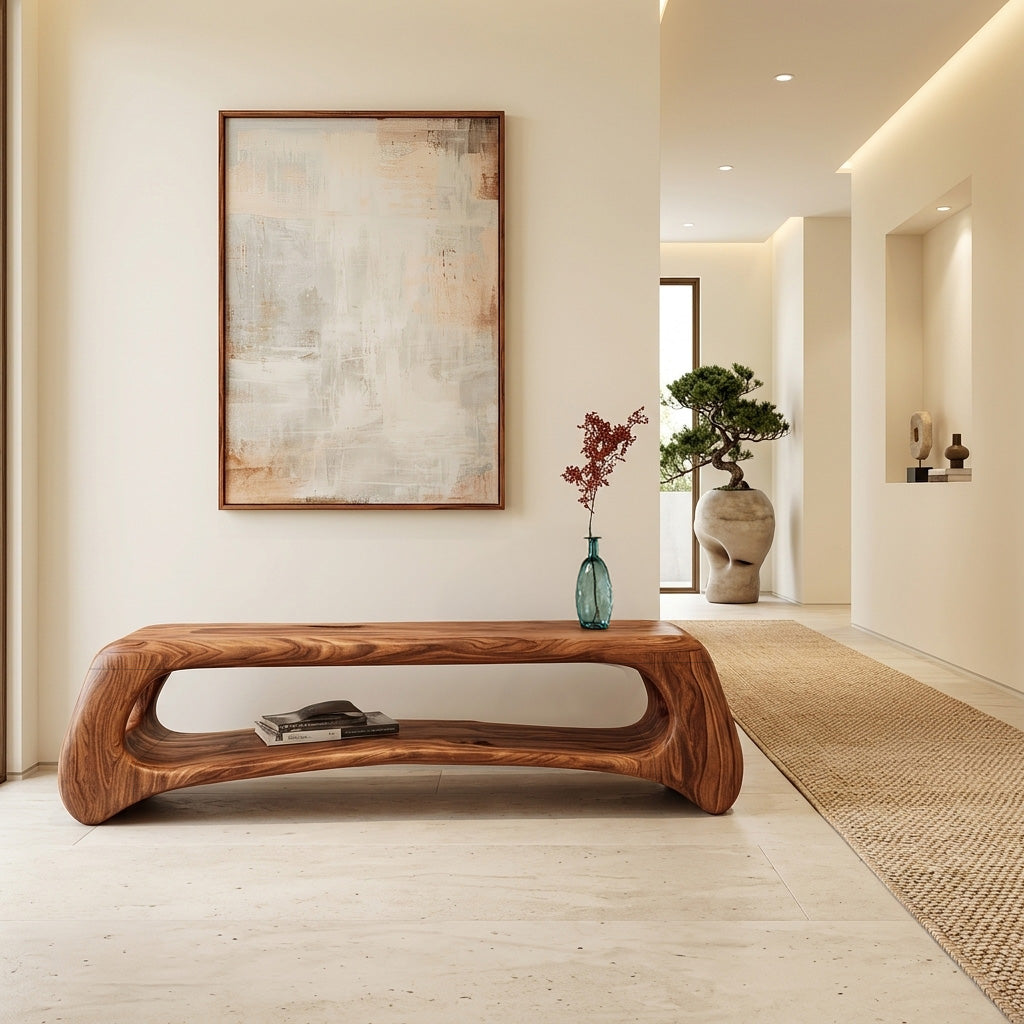 Minimal Natural Wood Gallery Bench For Living Room