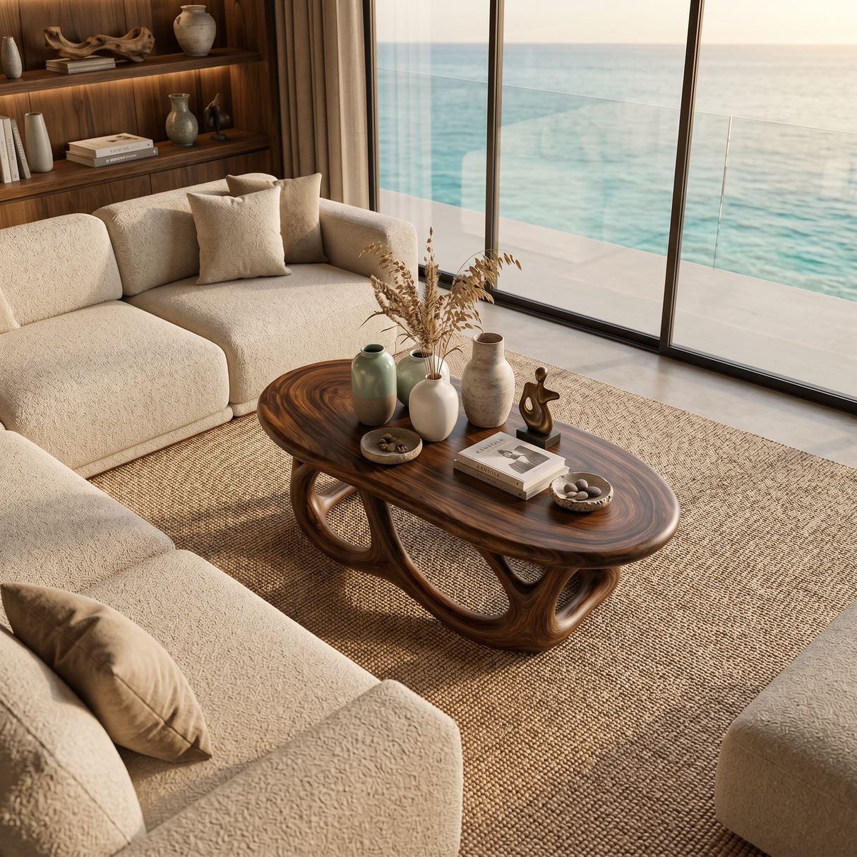 Luxury Oval Coffee Table With Interlocking Sculptural Base For Living