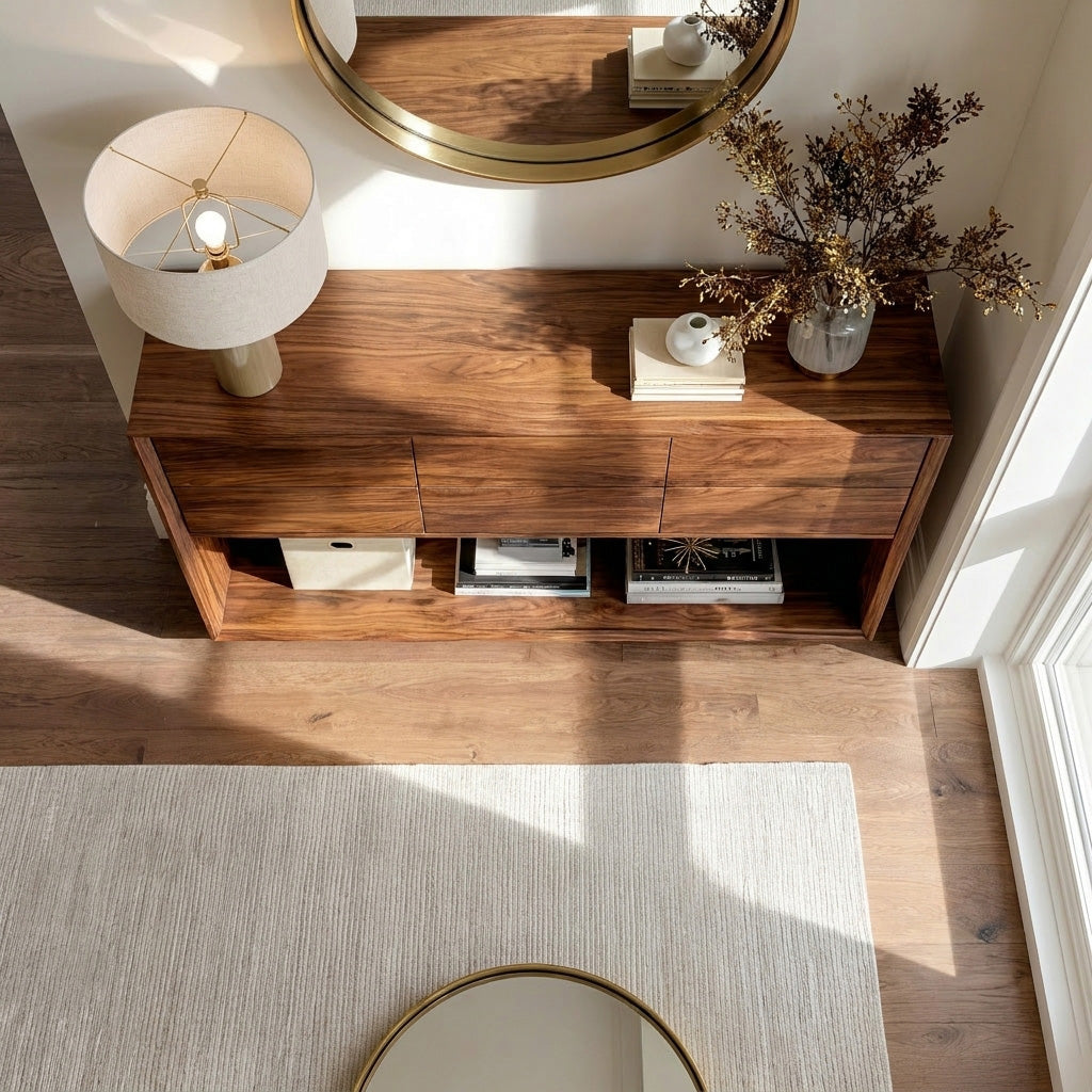 Minimal Wood Console Table With Multi Drawer For Entry Space