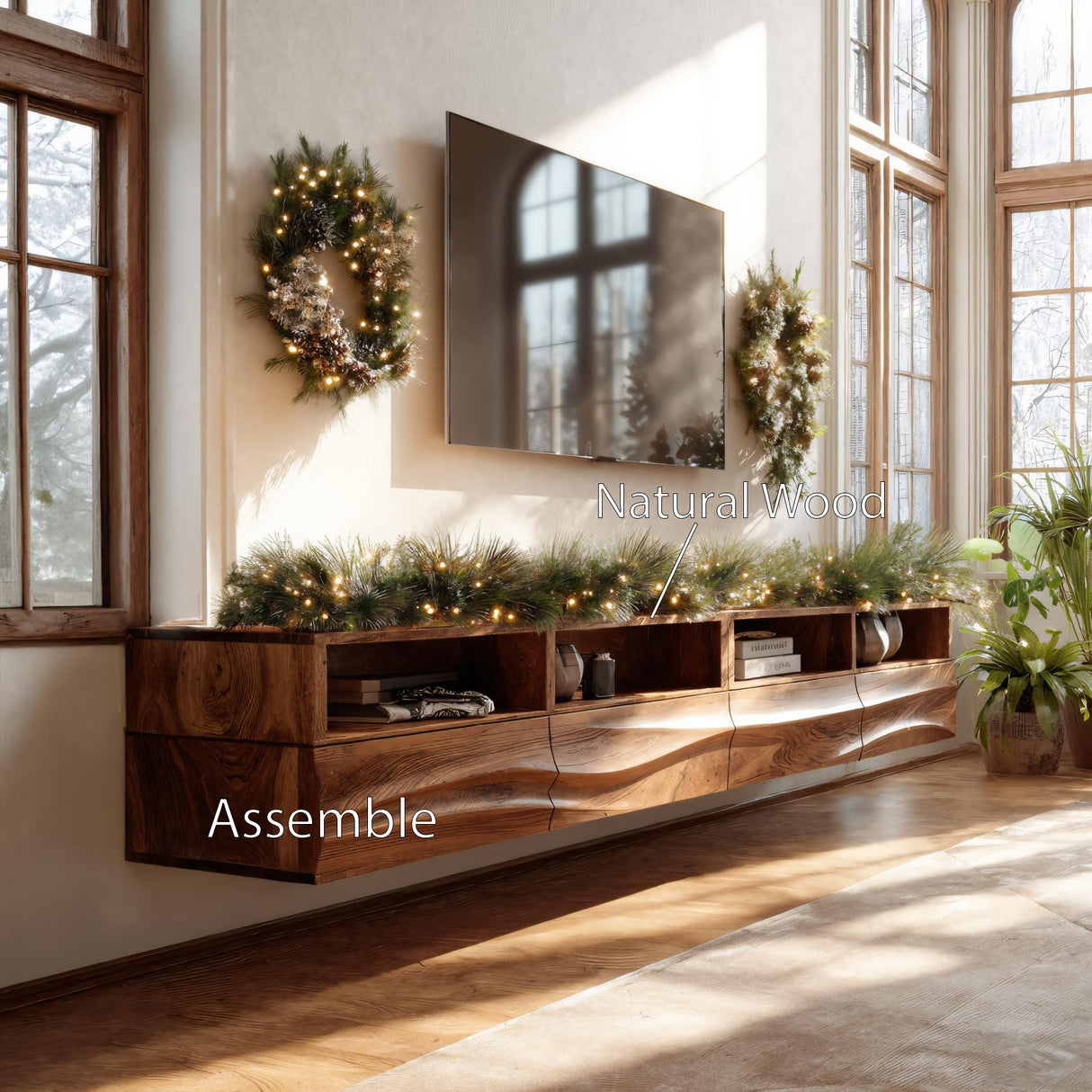 Floating Wave-Pattern TV Console For Holiday Decor