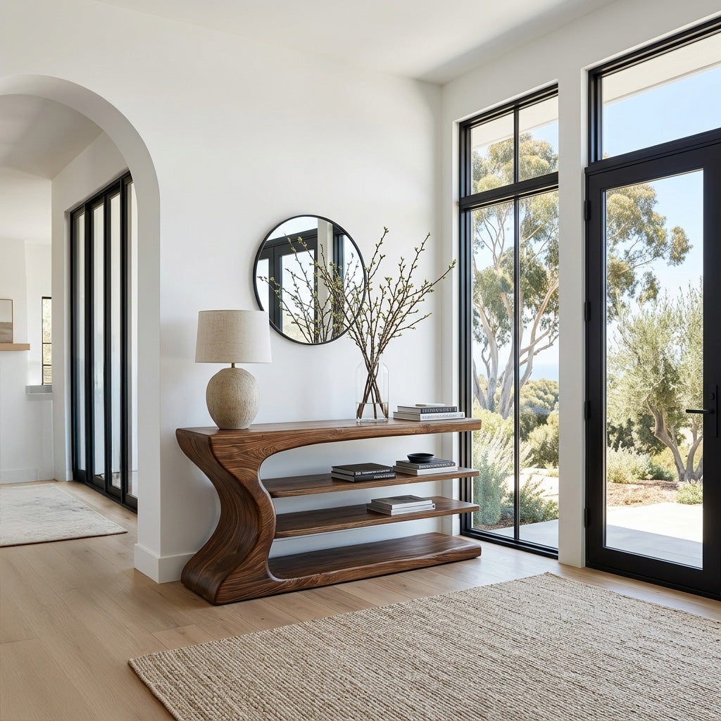 Artistic Natural Wood Console Table For Minimal Entry Interior