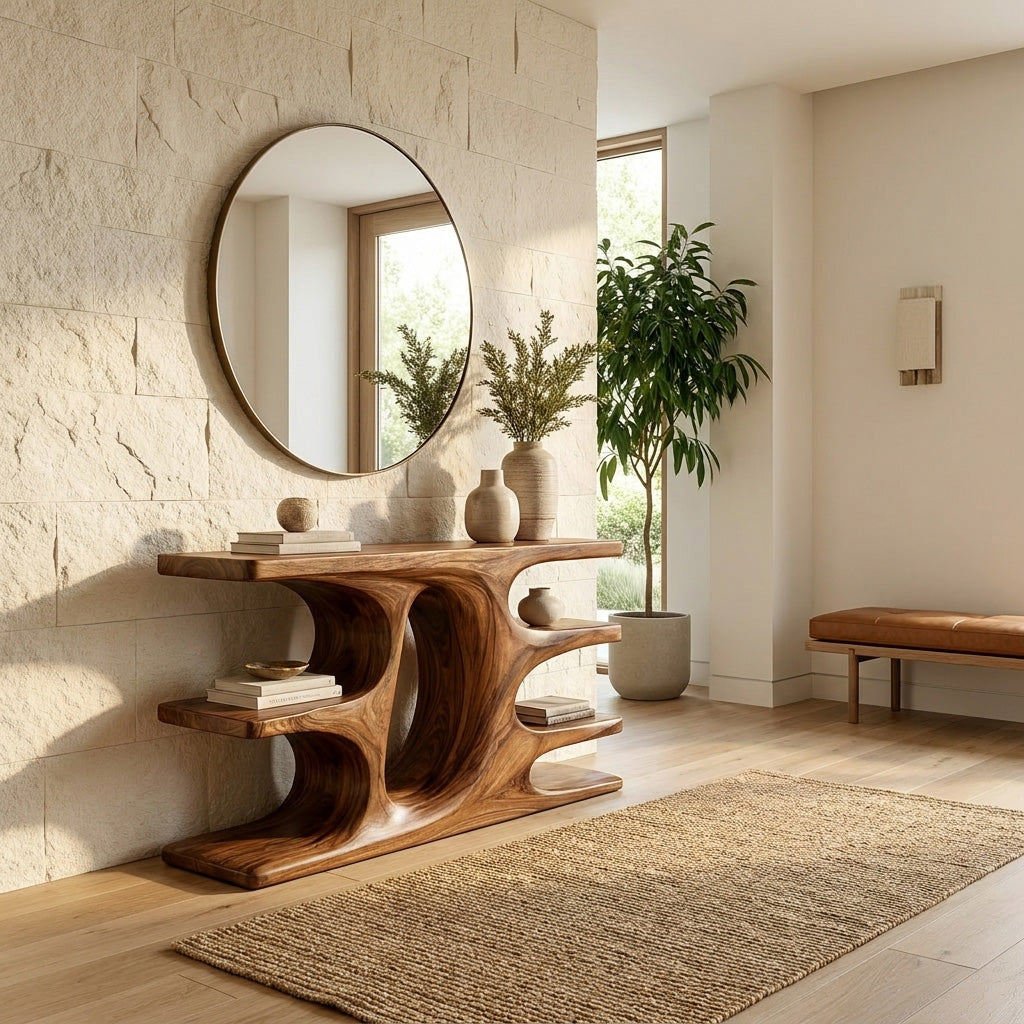 Contemporary Wooden Console Table With Shelf For Living Room
