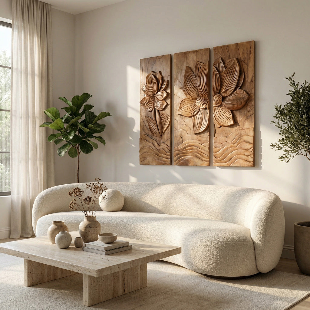 Modern Organic Lotus Wood Wall Art Set For Living Room