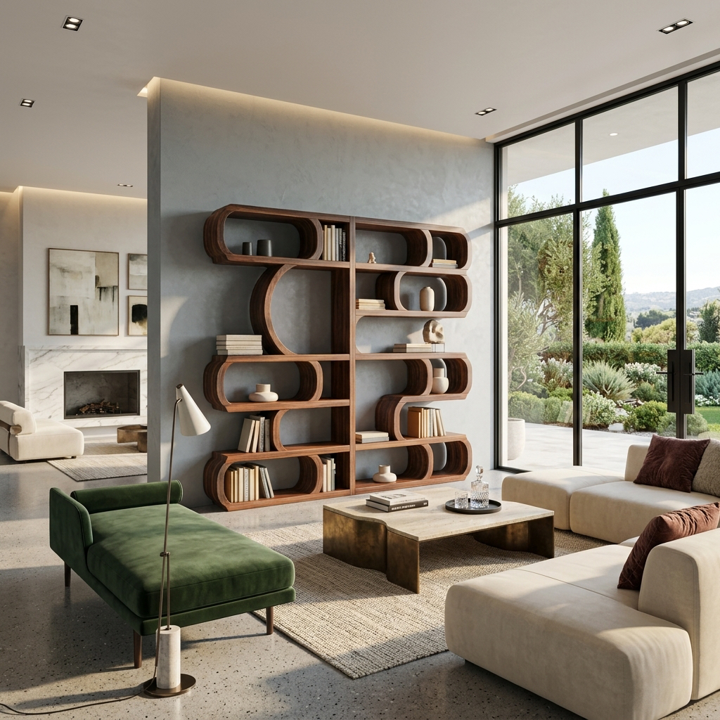 Modern Sculptural Bookshelf With Symmetrical Curves For Living Room Or Office