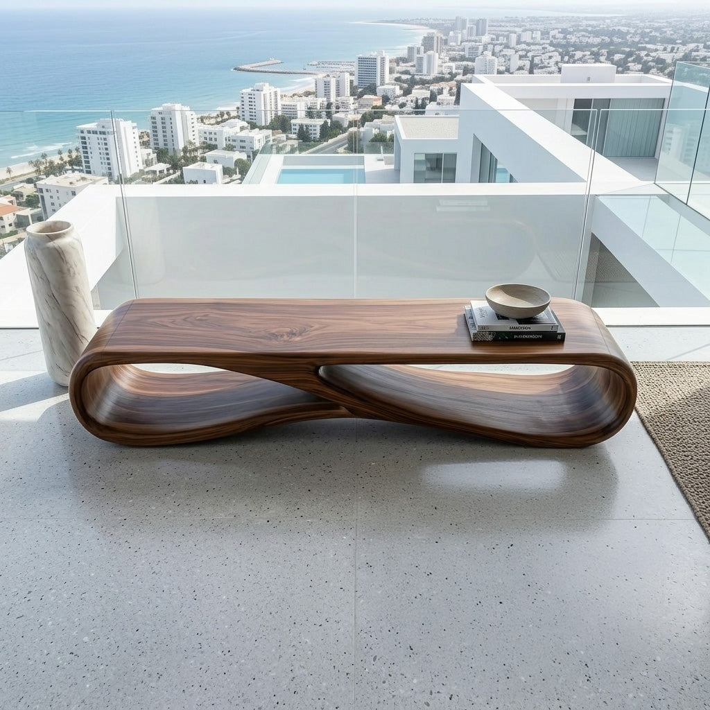 Modern Wood Bench With Sculptural Form For Entryway