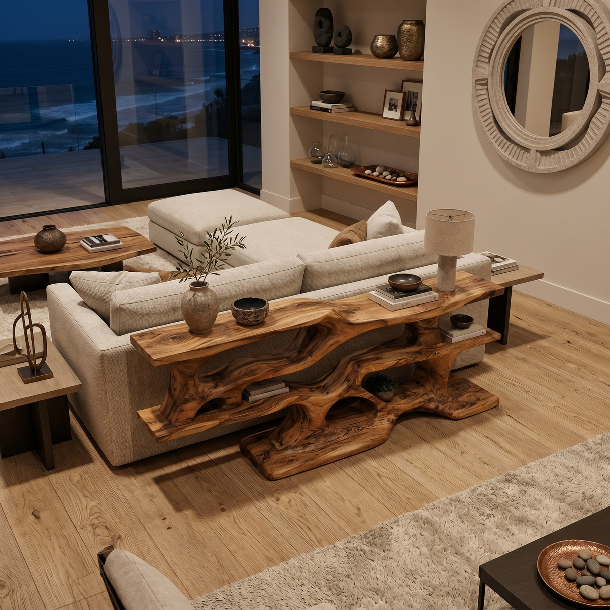 Wooden Console Table With Sculptural Open Shelves For Living