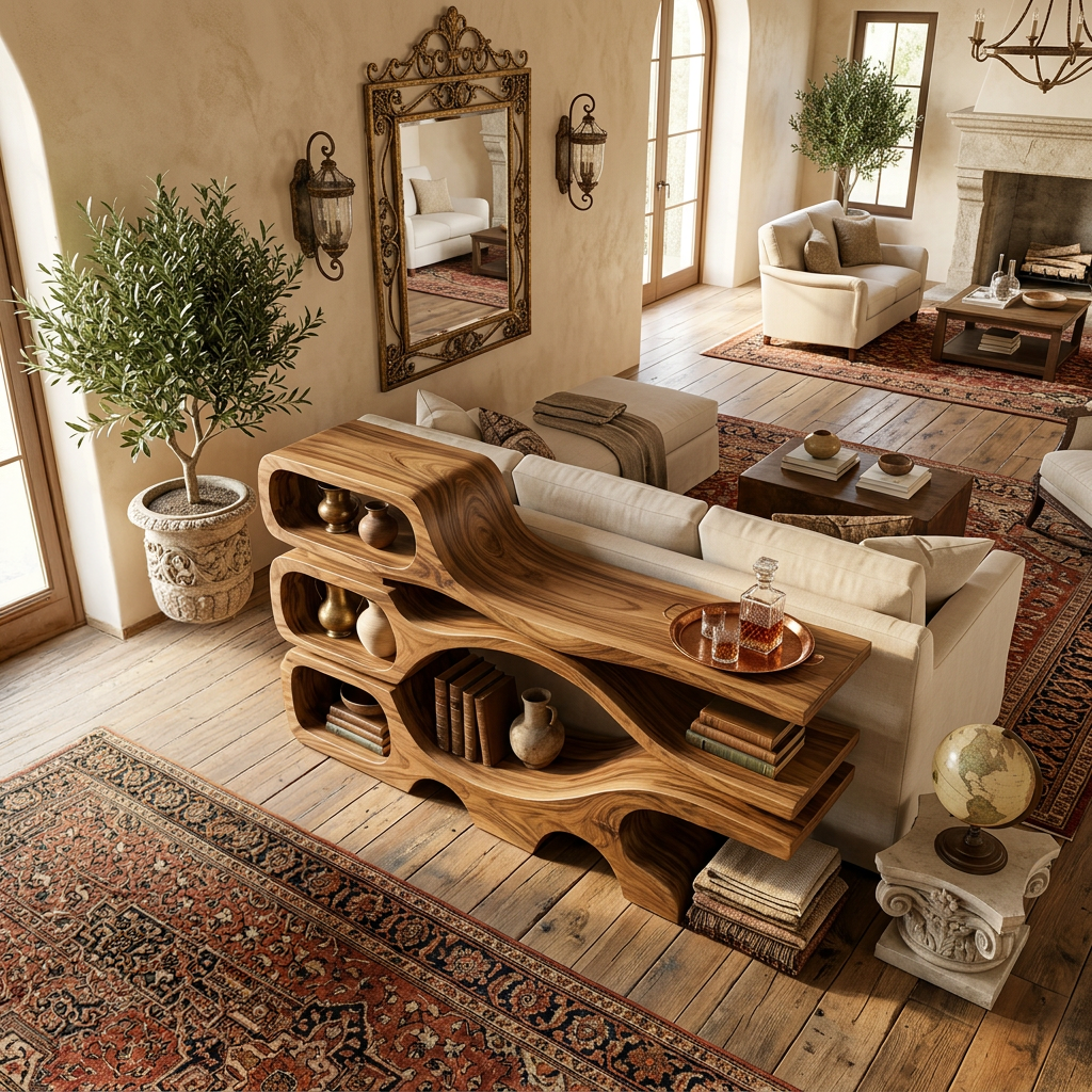 Rustic Wooden Console Table With Sculptural Hollow For Interior