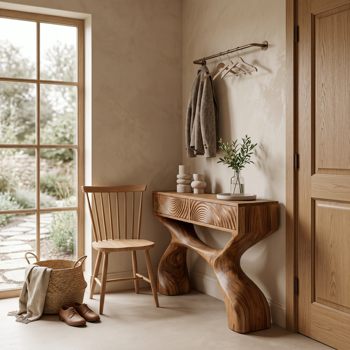 Contemporary Sculptural Wood Console Table For Hallway