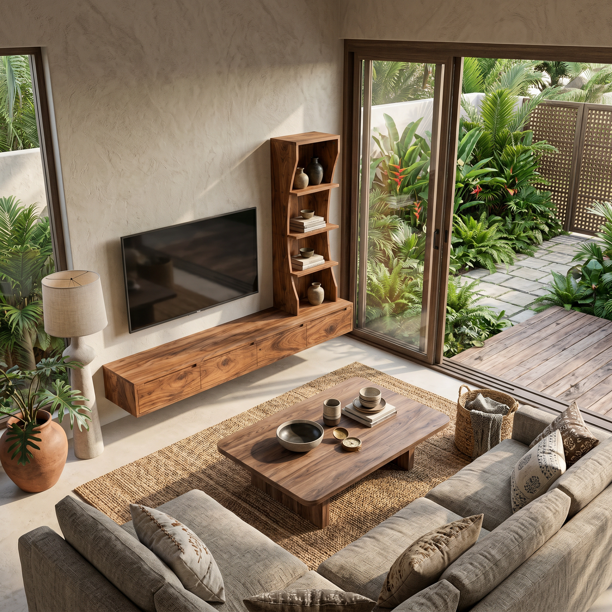 Wall Mounted Wood TV Console With Vertical Storage For Living