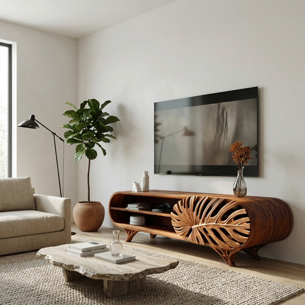 Modern Wooden TV Cabinet With Leaf Shape Door For Living