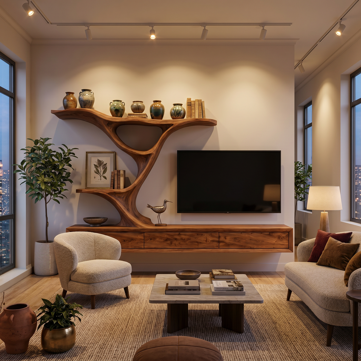Wooden Floating TV Stand With Side Branch-shaped Storage For Living