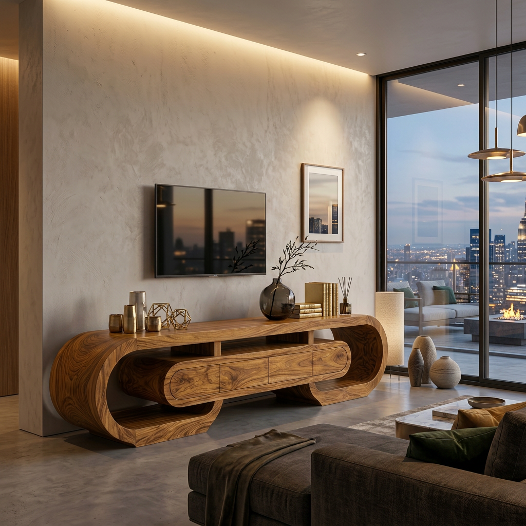 Modern Wood TV Cabinet Curved Design With Drawers For Living