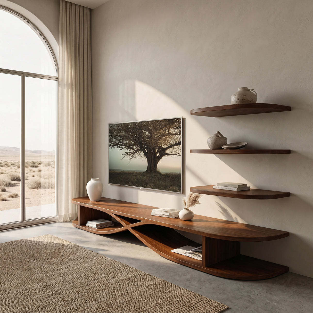 Modern Wooden Curved TV Stand For Living Room Media