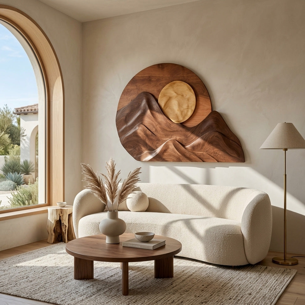 Handcrafted Mountain Sun Wood Wall Art For Living Room