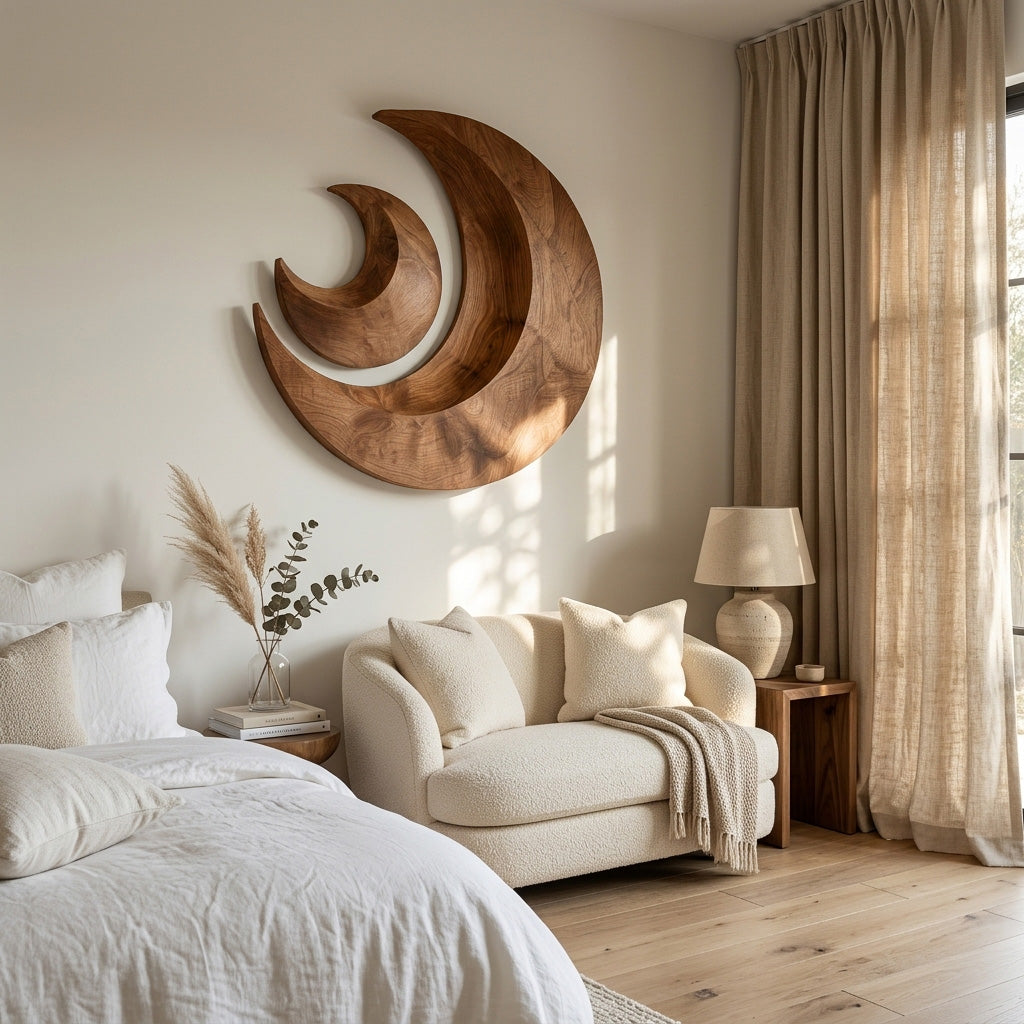 Organic Crescent Moon Wood Wall Art For Living Room