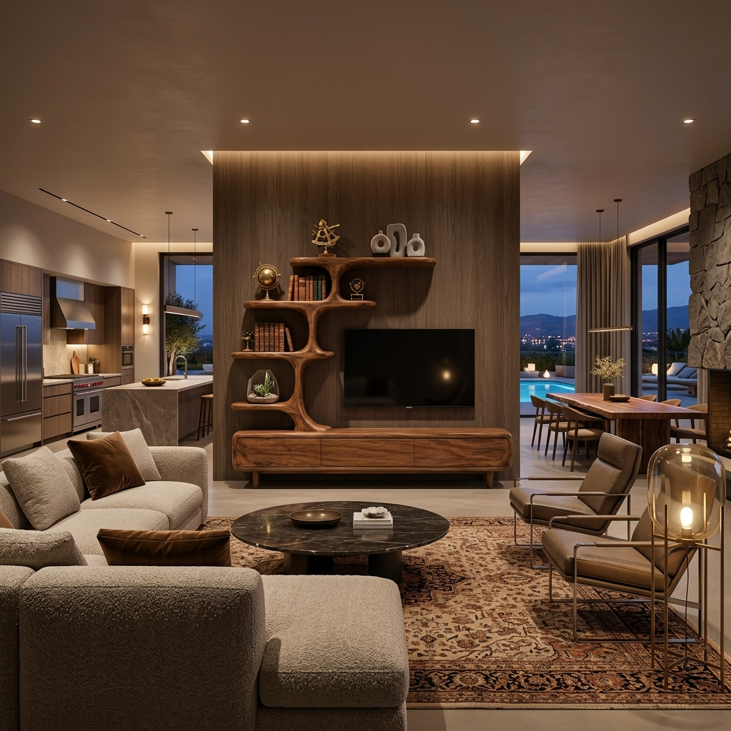 Contemporary Wood TV Stand With Multi-tiered Shelves For Living