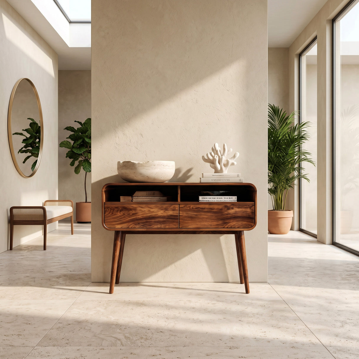 Mid Century Rounded Console Table With Two Compartments For Entryway