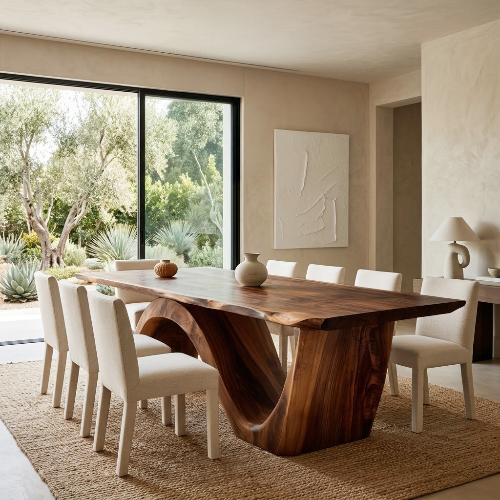 Contemporary Curved Base Wood Dining Table For Dining Area