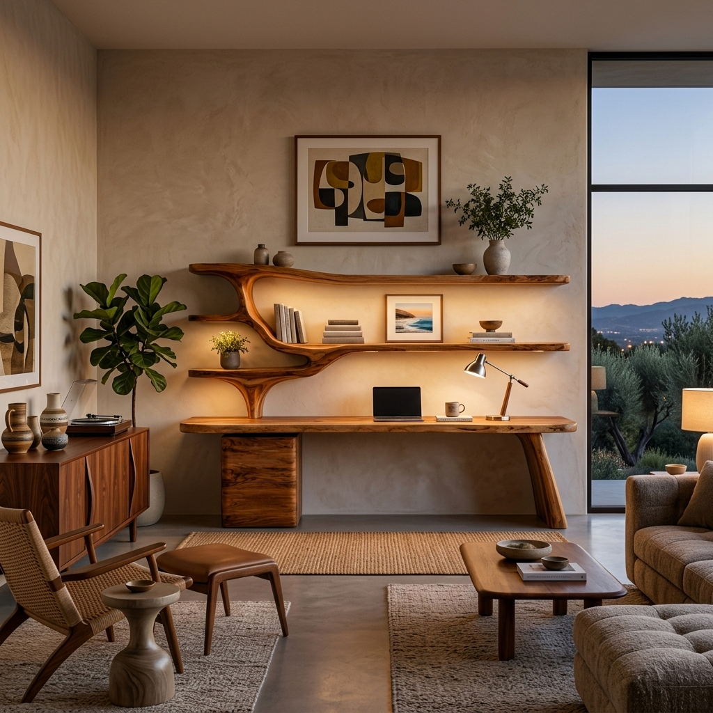 Contemporary Wood Desk With Sculptural Bookshelves For Workspace