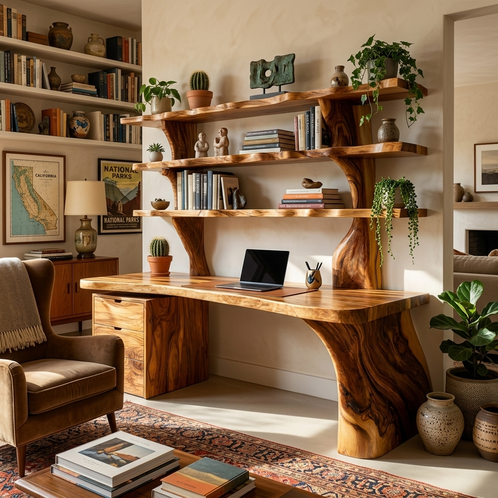 Organic Wood Desk With 3-Tier Integrated Bookshelf For Study Room