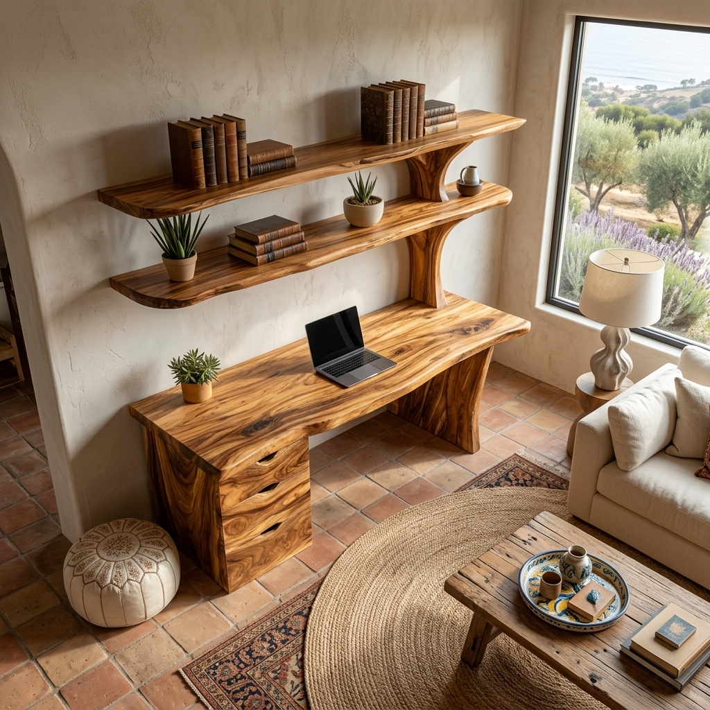 Wooden Desk With Integrated Shelving And Drawer For Contemporary Office