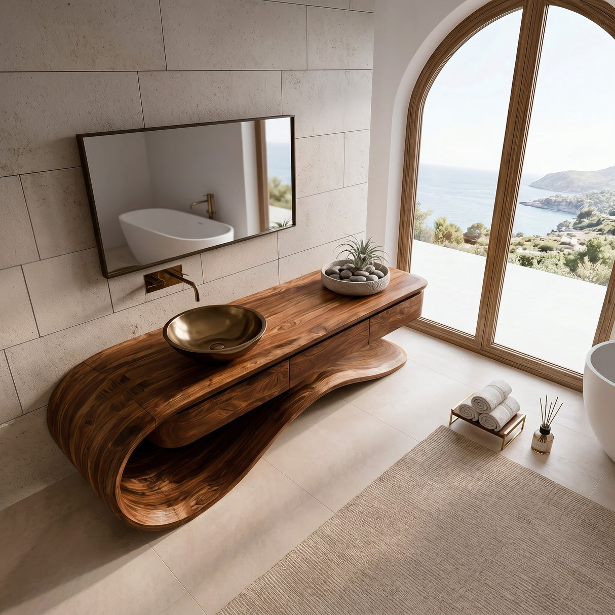 Contemporary Wooden Bathroom Vanity With Wave Base For Bathroom