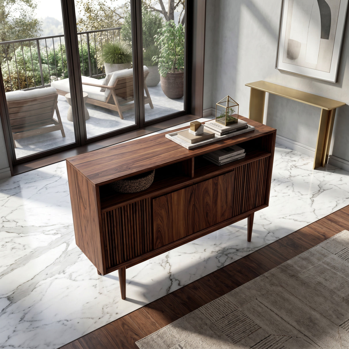 Scandinavian Wooden Console Table With Carved Fluted For Entryway