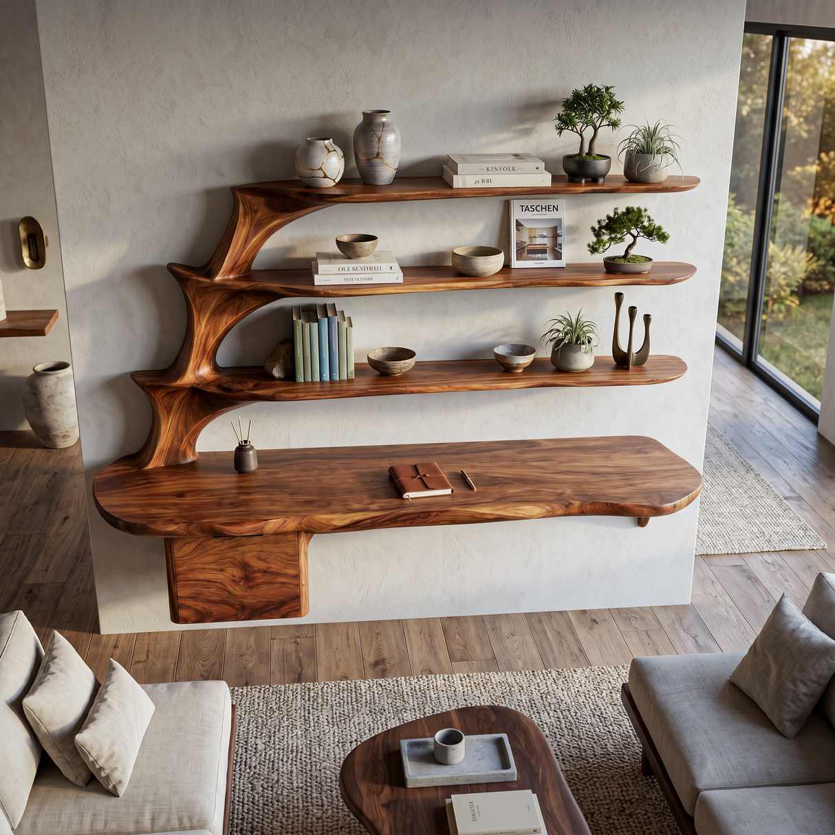Contemporary Floating Desk With Display Shelves And Drawers For Workspace
