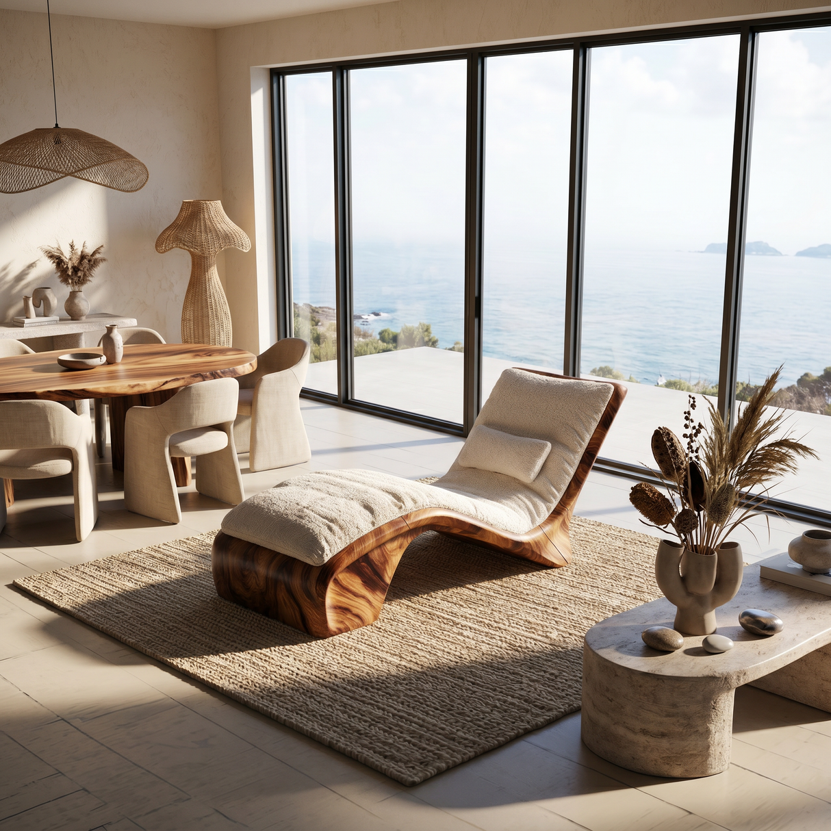 Sculptural Wood Chaise Lounge Coastal Modern Oceanfront Residence